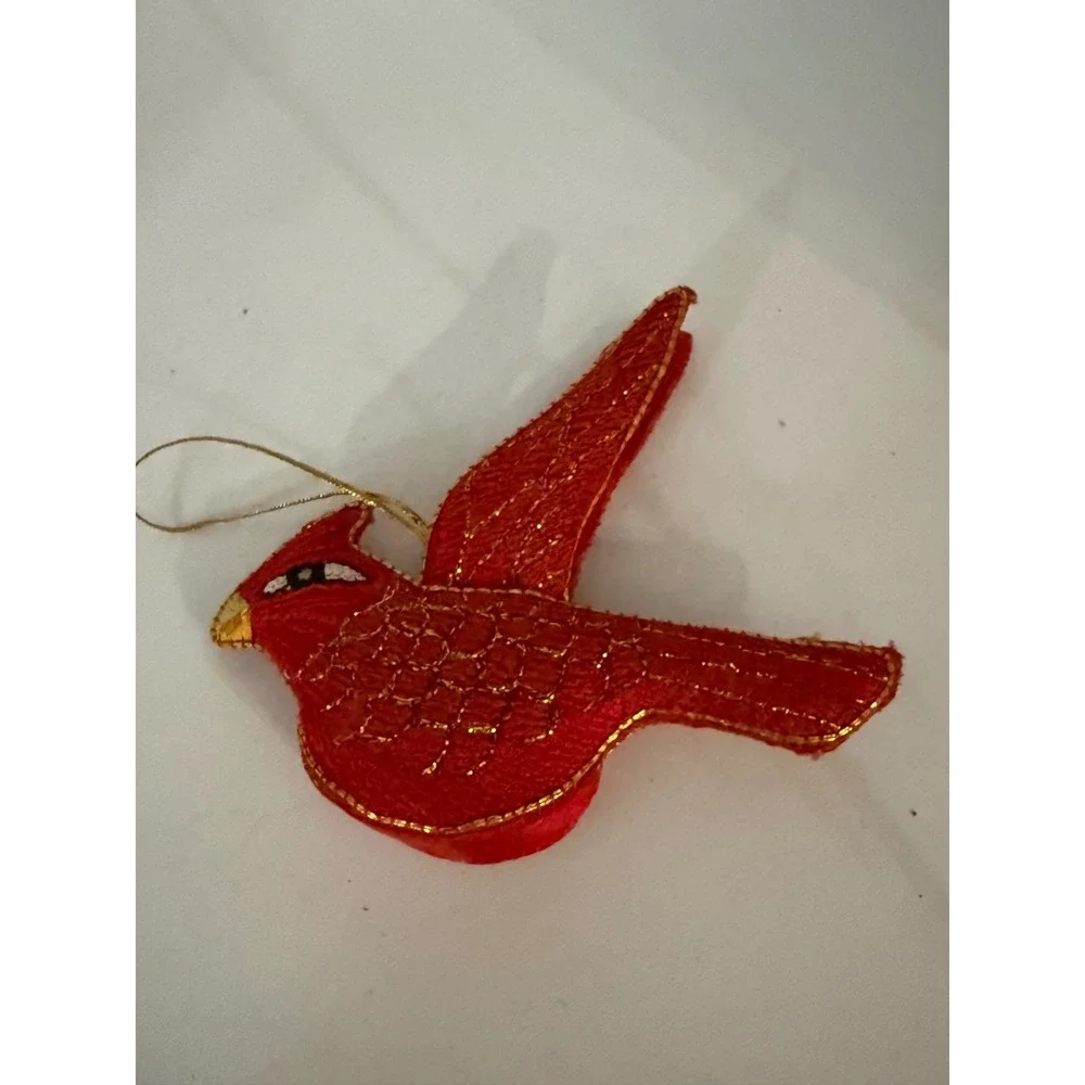 Red Cardinal Bird Christmas Ornaments Set of 2 Gold Embroidered Fabric Padded